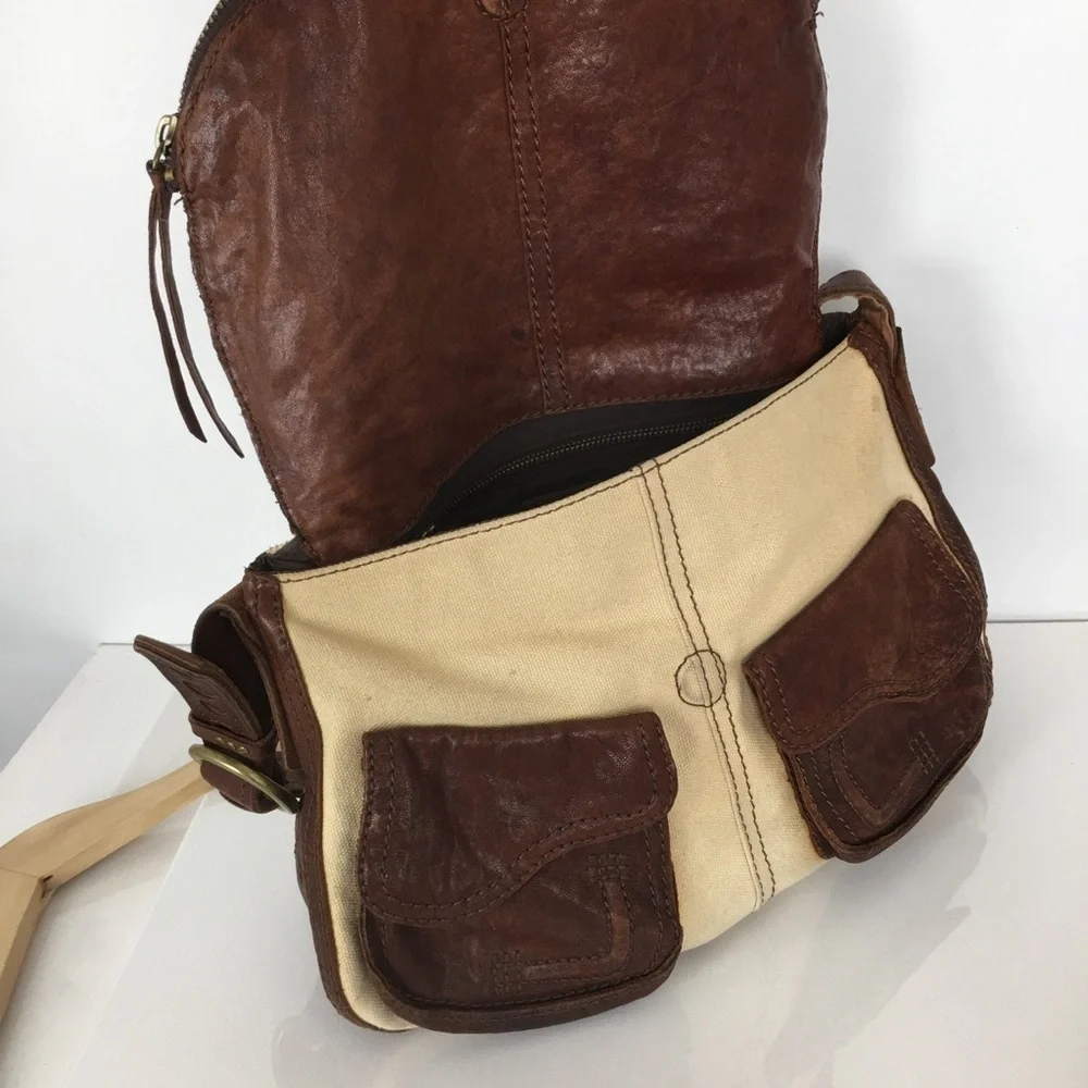Lucky Brand Italian Leather & Canvas Shoulder Bag Brown Tan Hobo Bag Purse